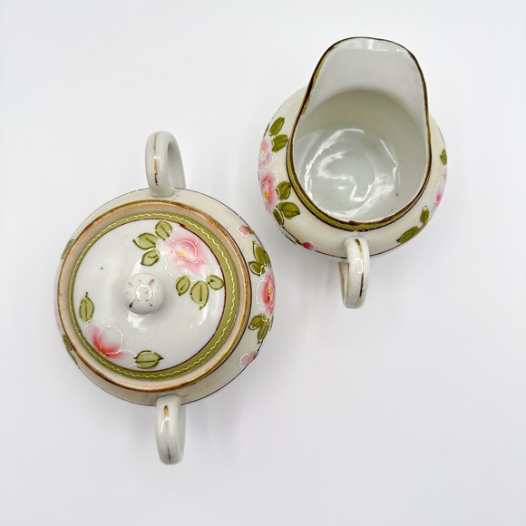 Antique Nippon Hand Painted Cream and Sugar Floral Rose w Moriage Pink Green - Picture 9 of 12